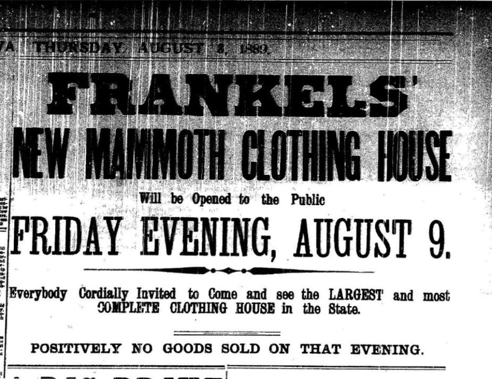 Newspaper ad from 1889 for Frankels New Mammoth Clothing House