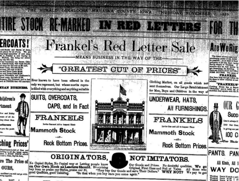 Newspaper ad from 1889 for Frankels Red Letter Sale