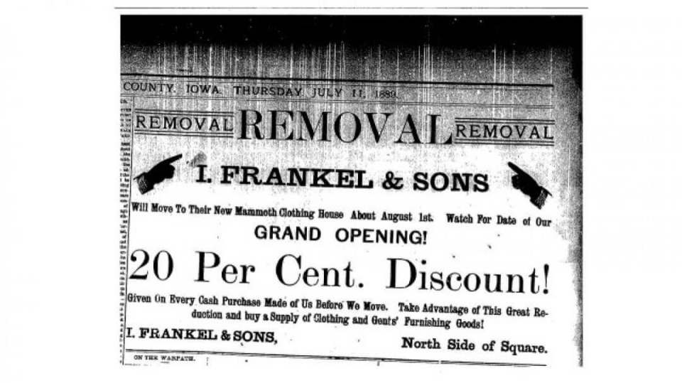 I. Frankel & Sons ad in 1800s newspaper. Grand Opening! 20 per cent. discount.