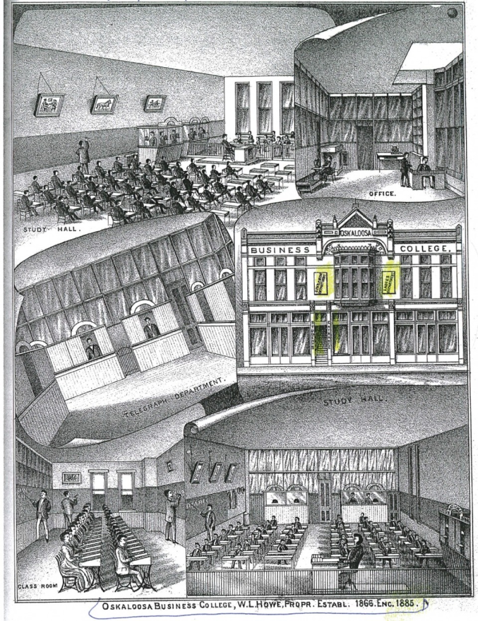 Oskaloosa Business College drawings of study hall, class room, office, and exterior.