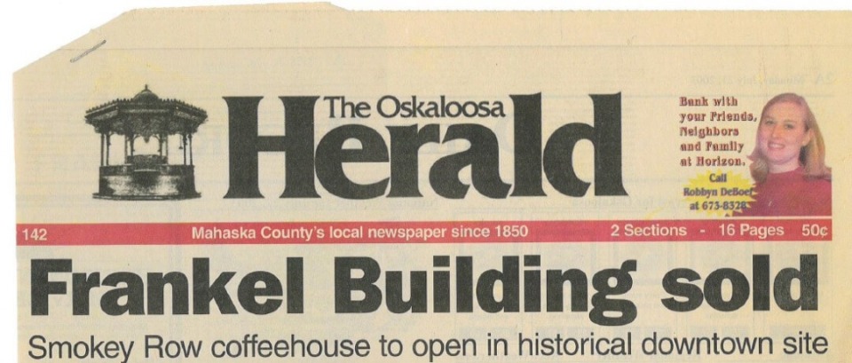 Oskaloosa Herald newspaper headline: Frankel Building Sold