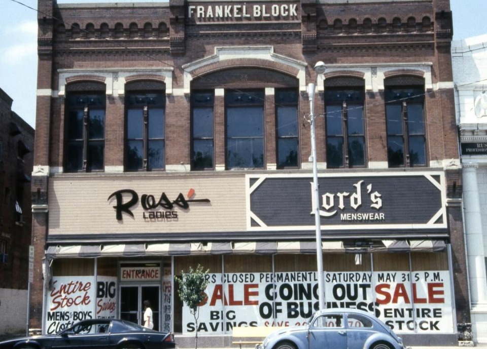 Ross Ladies and Lords Menswear storefronts in the Frankel Building