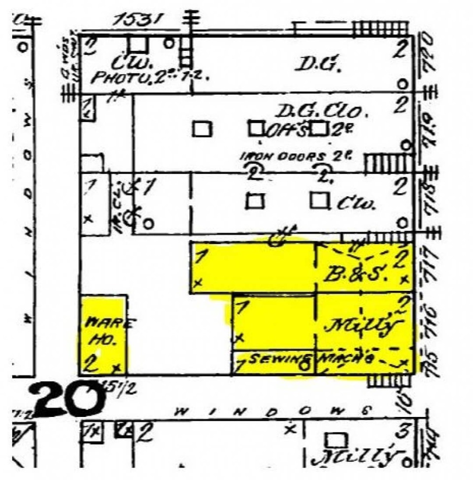 Sanborn Fire Map of 1885 showing the buildings where the Frankel Building in Oskaloosa, Iowa, now stands.